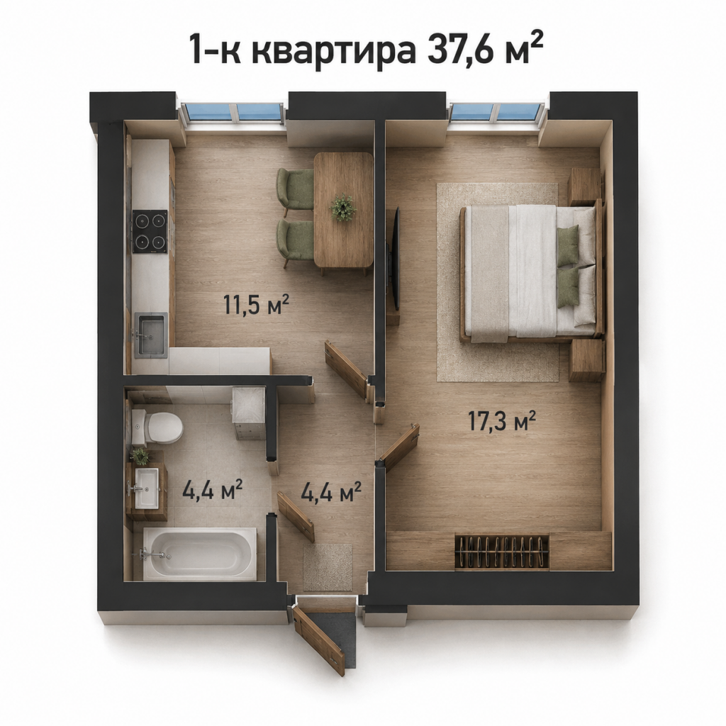 1-комнатная квартира 37,6 м2